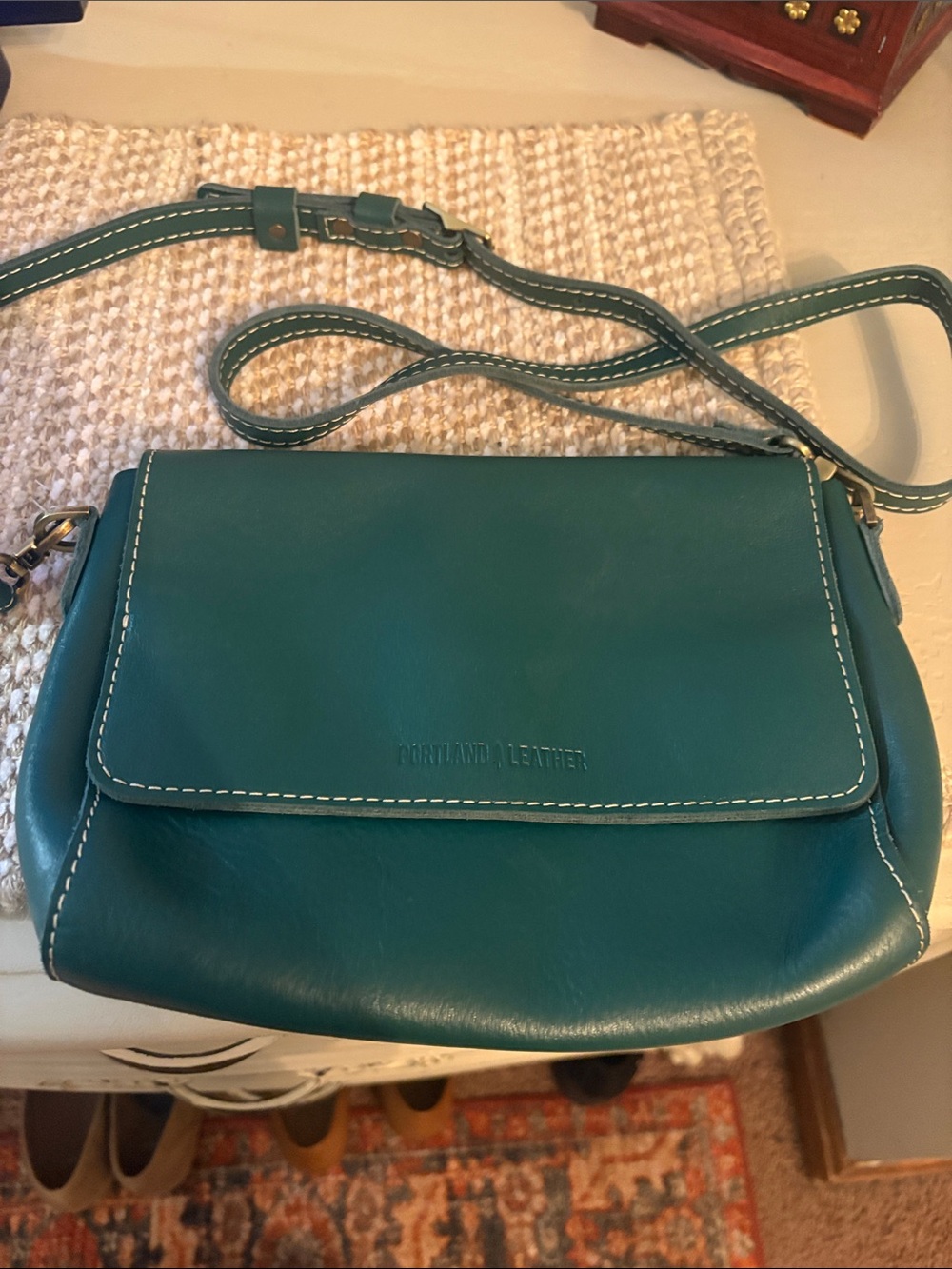 Portland Leather Teal Crossbody Bag with Contrast Stitching